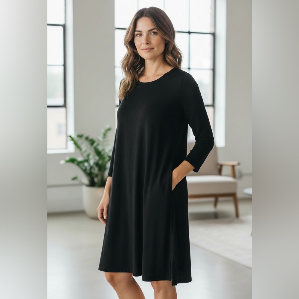 Black A-Line Dress with Pockets - Classic Minimal Style -